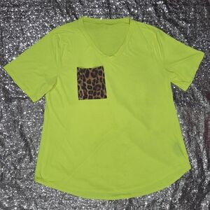 L&B Neon Yellow V-Neck Tee with Animal Print Accent